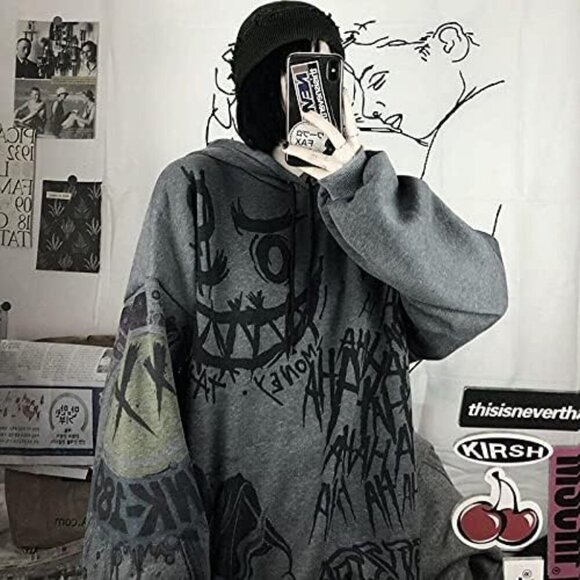 Gothic women's hooded sweater female raw bag easier doodle print plus velvet thi - Picture 4 of 6
